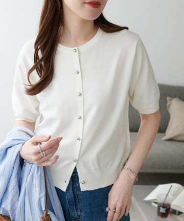 DISCOAT(ディスコート) UVサラモチメタル釦半袖クルーカーディガン