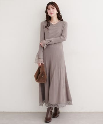 natural couture(ナチュラルクチュール) 袖口レースニットワンピース
