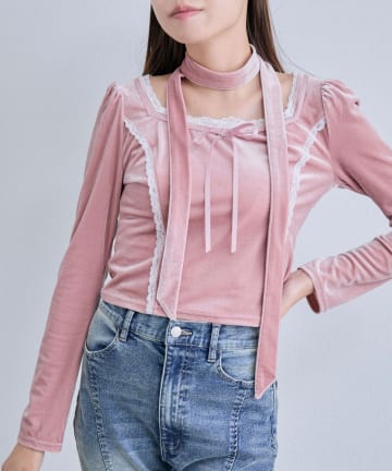 NICE CLAUP / OLIVE des OLIVE OUTLET(ナイスクラップ  / オリーブ デ オリーブ アウトレット) 【OLIVE des OLIVE】タイ付ベロアトップス