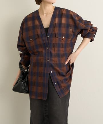 Omekashi(オメカシ) シアーチェックカラーレスブラウス