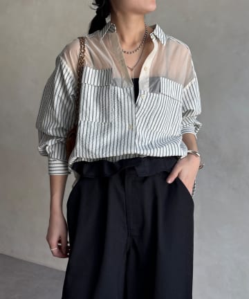 DOUDOU(ドゥドゥ) 【WEB限定】ストライプシアー切替シャツ