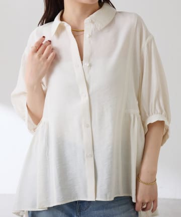 COLLAGE GALLARDAGALANTE(コラージュ ガリャルダガランテ) 【体型カバー/五分袖】切替フレアシアーシャツ