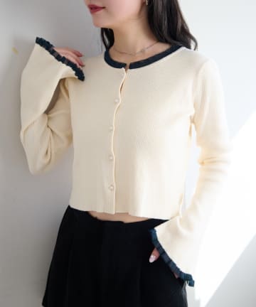 Kastane(カスタネ) 【無地&ボーダー】パールボタンフリルカーディガン
