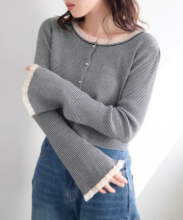 Kastane(カスタネ) 【無地&ボーダー】パールボタンフリルカーディガン