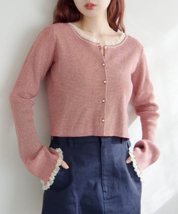 Kastane(カスタネ) 【無地&ボーダー】パールボタンフリルカーディガン