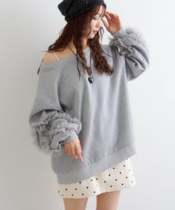 w closet(ダブルクローゼット) 【楽ちんカワイイ万能服！】【ショート丈(S)/ロング丈(M)展開】チュールフリルスウェット