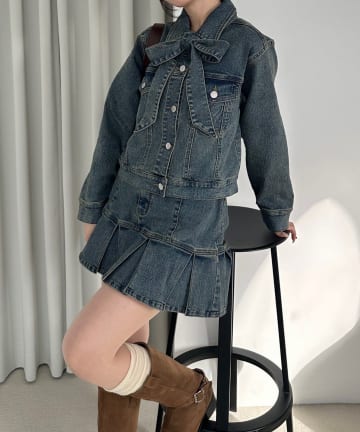 Remind me and forever(リマインドミーアンドフォーエバー) 【台形シルエットで細見え】デニムプリーツミニスカート