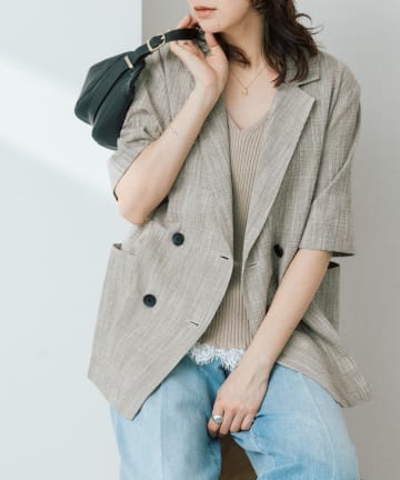 RIVE DROITE(リヴドロワ) 予約【こなれた印象に】バンピーチェックハーフスリーブジャケット/5月中旬お届け予定
