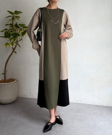 Chez toi(シェトワ) ダンボールニット配色切替ワンピース