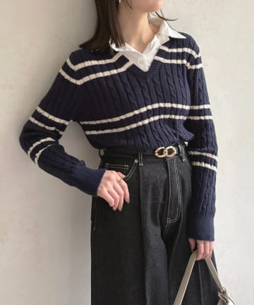 Thevon.(ゼヴォン) シャツドッキングケーブルボーダーニット