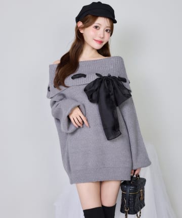 one after another NICE CLAUP(ワンアフターアナザー ナイスクラップ) リボン付きオフショルニットワンピ