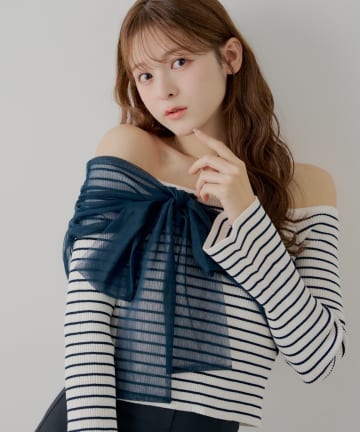 Chico(チコ) チュールオフショルリボンニット