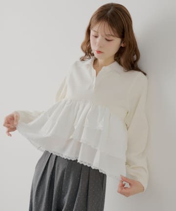 Chico(チコ) 【SALON by Chico】レースティアードペプラム襟付きニット