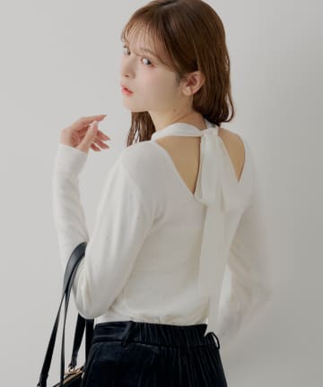 Chico(チコ) 【SALON by Chico】ラインストーンバック開きリボンニット