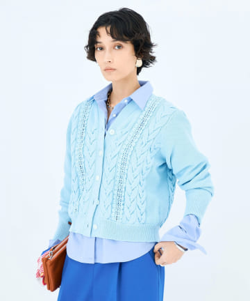 NOLLEY'S(ノーリーズ) 《手洗い可能》ケーブルレースVネックカーディガン