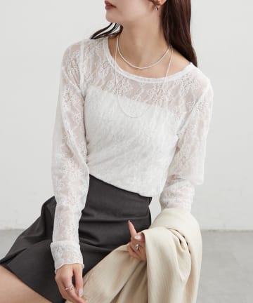 mystic(ミスティック) 裾ギャザーレースロングTシャツ