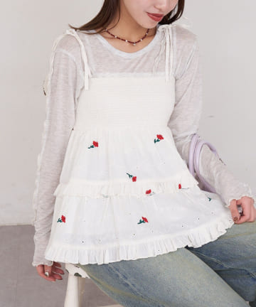 CIAOPANIC(チャオパニック) 【She desires...】2WAYシャーリングティアード刺繍ビスチェ