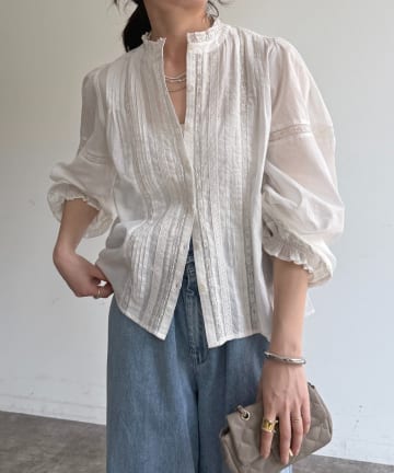 DOUDOU(ドゥドゥ) インドレースパフ袖ブラウス