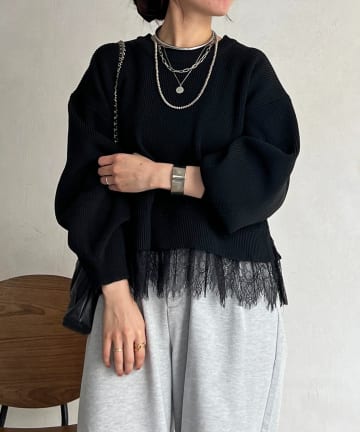 un dix cors(アンディコール) 裾レースニットレイヤードプルオーバー