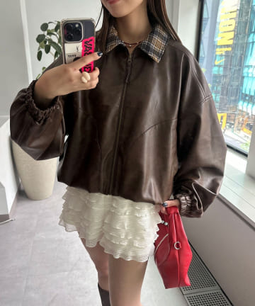 CIAOPANIC(チャオパニック) チェック襟フェイクレザーバルーンショートブルゾン