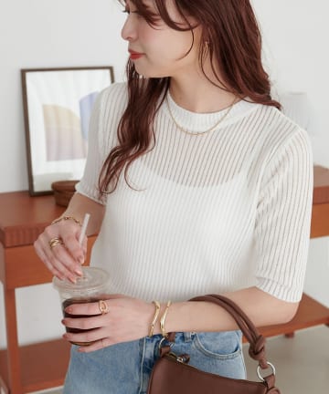 DISCOAT(ディスコート) 【WEB限定】ラメリブ5分袖プルオーバー