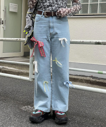 CIAOPANIC(チャオパニック) 【HELLO.SANFRANCISCO/ハローサンフランシスコ】カラフルリボンフレアデニム