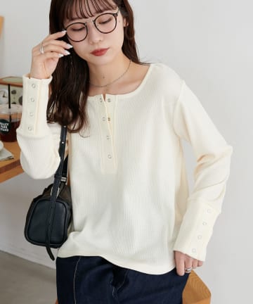 DISCOAT(ディスコート) 【WEB限定】袖リングボタンワッフルロンT