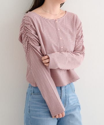 Kastane(カスタネ) 【4色展開】B ボーダーギャザーショルダーカーディガン