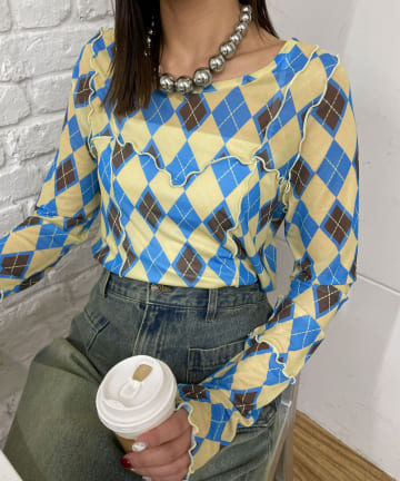 CIAOPANIC(チャオパニック) アーガイル柄メローシアートップス