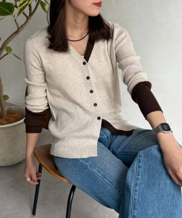 CPCM(シーピーシーエム) 配色Vネックリブカーディガン