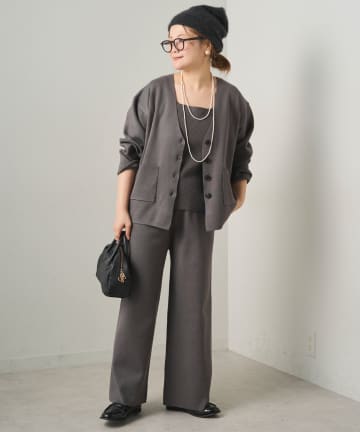 PUAL CE CIN(ピュアルセシン) 【3点セット】ワッフルスクエアタンク＆Vネックカーデ+ワイドパンツセットアップ