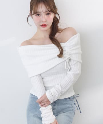 one after another NICE CLAUP(ワンアフターアナザー ナイスクラップ) ドロストリボンオフショルトップス