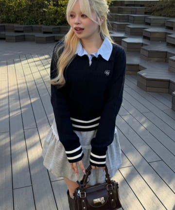 Remind me and forever(リマインドミーアンドフォーエバー) 【一枚で旬な着こなしに】スキッパー布帛ポロニット