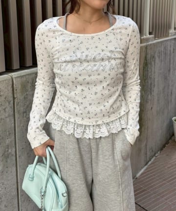 Remind me and forever(リマインドミーアンドフォーエバー) 【トレンドライク】キラロゴ裾レーステレコトップス