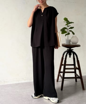 Chez toi(シェトワ) 【セットアイテム】キーネックシャツ×イージーパンツ