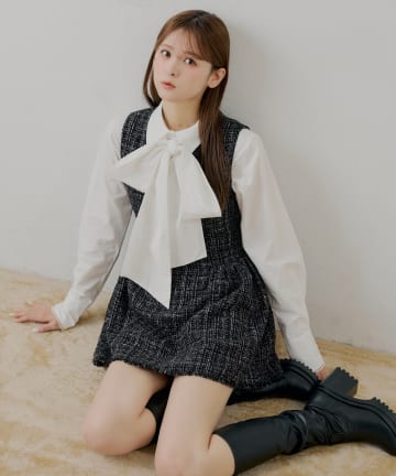 OUTLET(アウトレット) 【Chico】ツイードサイドギャザーフレアミニワンピース