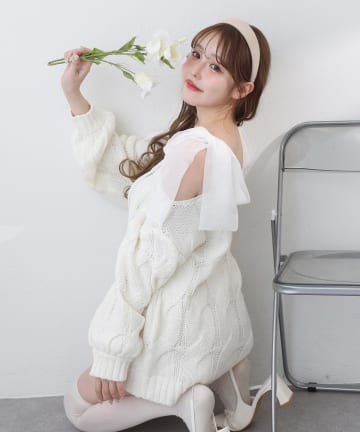 one after another NICE CLAUP(ワンアフターアナザー ナイスクラップ) ミルキーパレットニットミニワンピ／肩リボン取り外し可