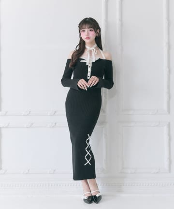 Belle Charme(ベルシャルム) Neck Ribbon Mermaid Knit Onepiece