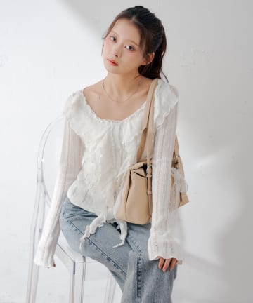 Chico(チコ) 透かし柄フリルカーディガン