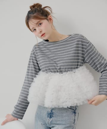 OUTLET(アウトレット) 【Chico】ボリュームチュールドッキングボーダーペプラムトップス