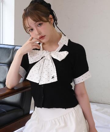 one after another NICE CLAUP(ワンアフターアナザー ナイスクラップ) 【リボン取り外し可能】リボンシャツドッキングニット