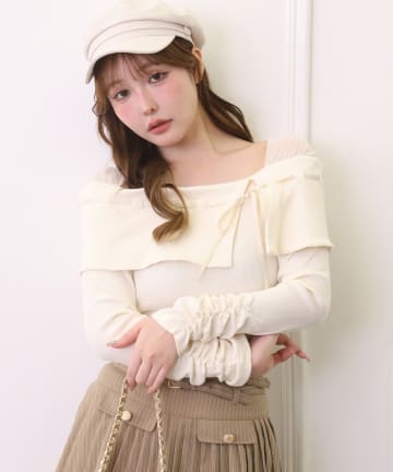 one after another NICE CLAUP(ワンアフターアナザー ナイスクラップ) 配色リボンオフショルトップス