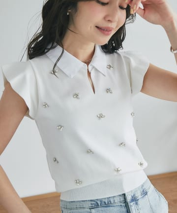 La boutique BonBon(ラブティックボンボン) 【全骨格美人見え】クールタッチUVビジュー付きニット