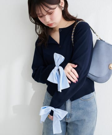 natural couture(ナチュラルクチュール) 長さ変えられる袖口リボンカーディガン