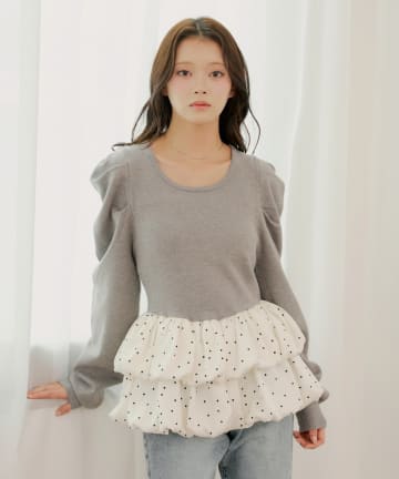 Chico(チコ) 【SALON by Chico】ドットバルーンペプラムパワショルニット