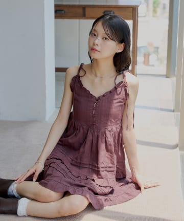 OUTLET(アウトレット) 【Chico】肩リボンコットンレースフリルキャミミニワンピ