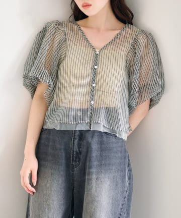 Kastane(カスタネ) チュールチェックパフブラウス