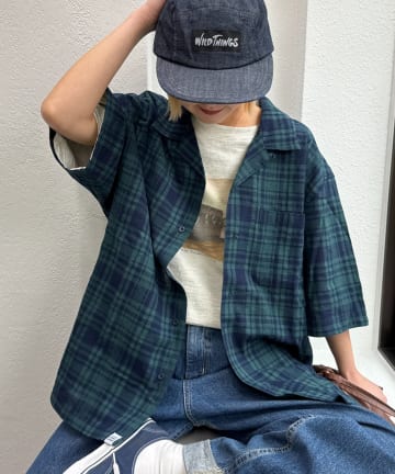 CIAOPANIC TYPY(チャオパニックティピー) 【ユニセックス】パナマ織り/袖配色/クロス半袖チェックシャツ