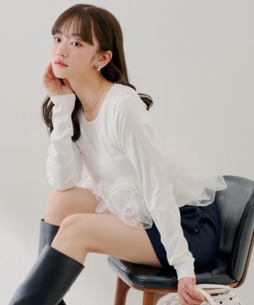 Chico(チコ) 3/12(木)0:00販売開始【SALON by Chico】ドットチュールデザインドッキングペプラムロンT