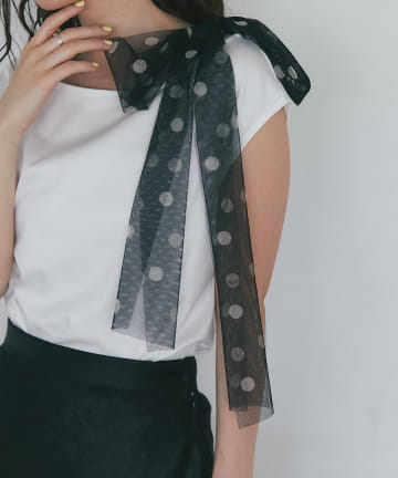 OUTLET(アウトレット) 【La boutique BonBon】ドットチュールリボンカットソー